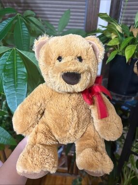 Classic Plush Teddy Bear with Red Bow - Soft Brown Kids Toy